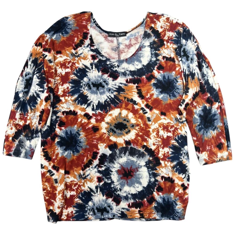 NWOT Kim & Cami Blue Orange Tie Dye Scoop Neck Blouse Bohemian - L
